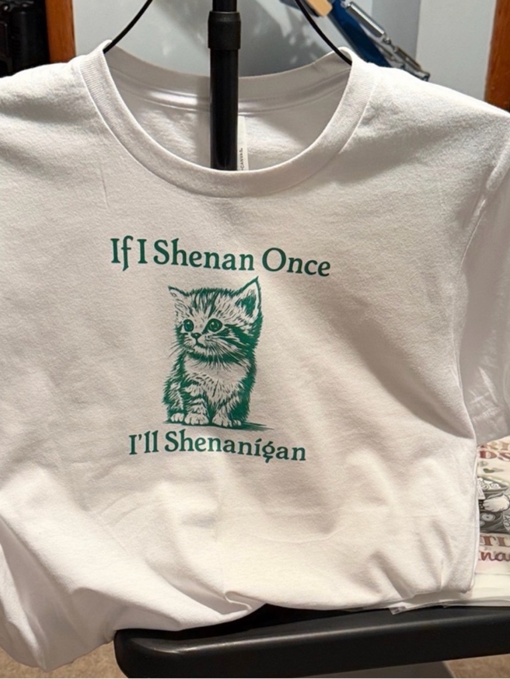 Cat Shenanigan Graphic Tee - White with Green Print